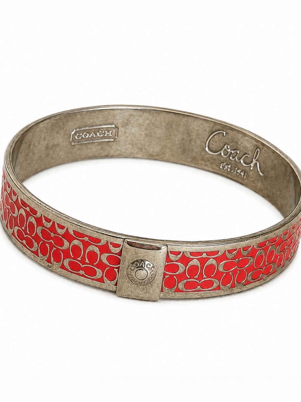 COACH 96855 Signature C Red Enamel Silver Tone Bangle Bracelet ❤️